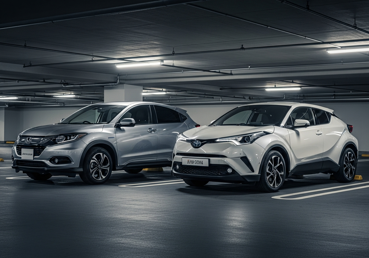 A Honda Vezel and a Toyota C-HR, two fuel-saving small hybrid SUVs, parked next to each other for comparison.